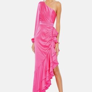 One Sleeve Cut Out Asymmetrical Ruffled Gown